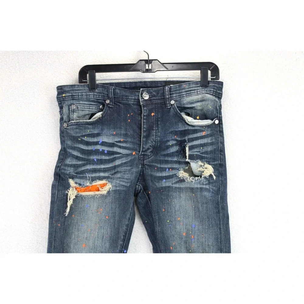 GFTD Los Angeles Distressed‎ Slim Jeans Mens 32 Blue Paint Splatter Streetwear